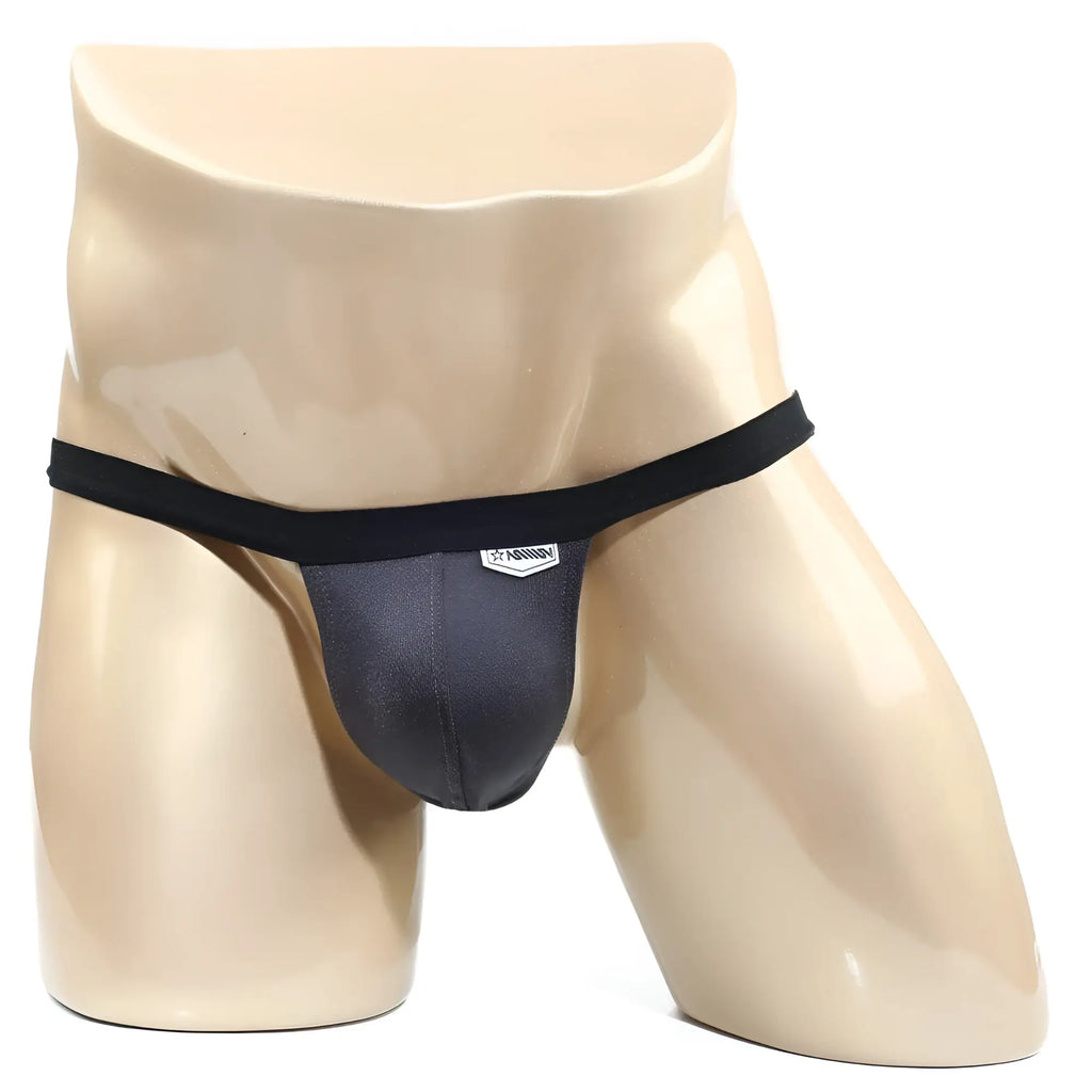 MetroMaleWear modernizing thong in charcoal with smooth stretchy fabric and subtle logo on the waistband back side