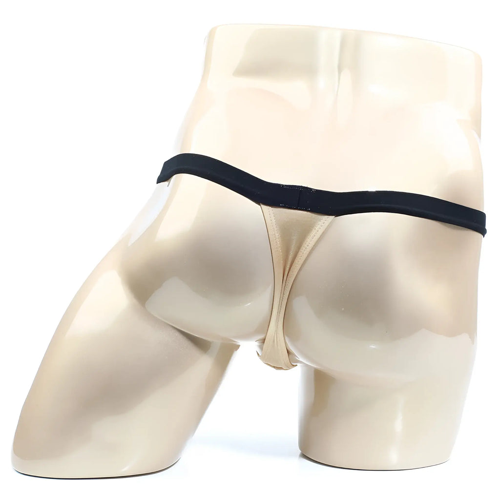 Beige thong with black elastic waistband from metromalewear modernizing thong gold 3002-m21 collection