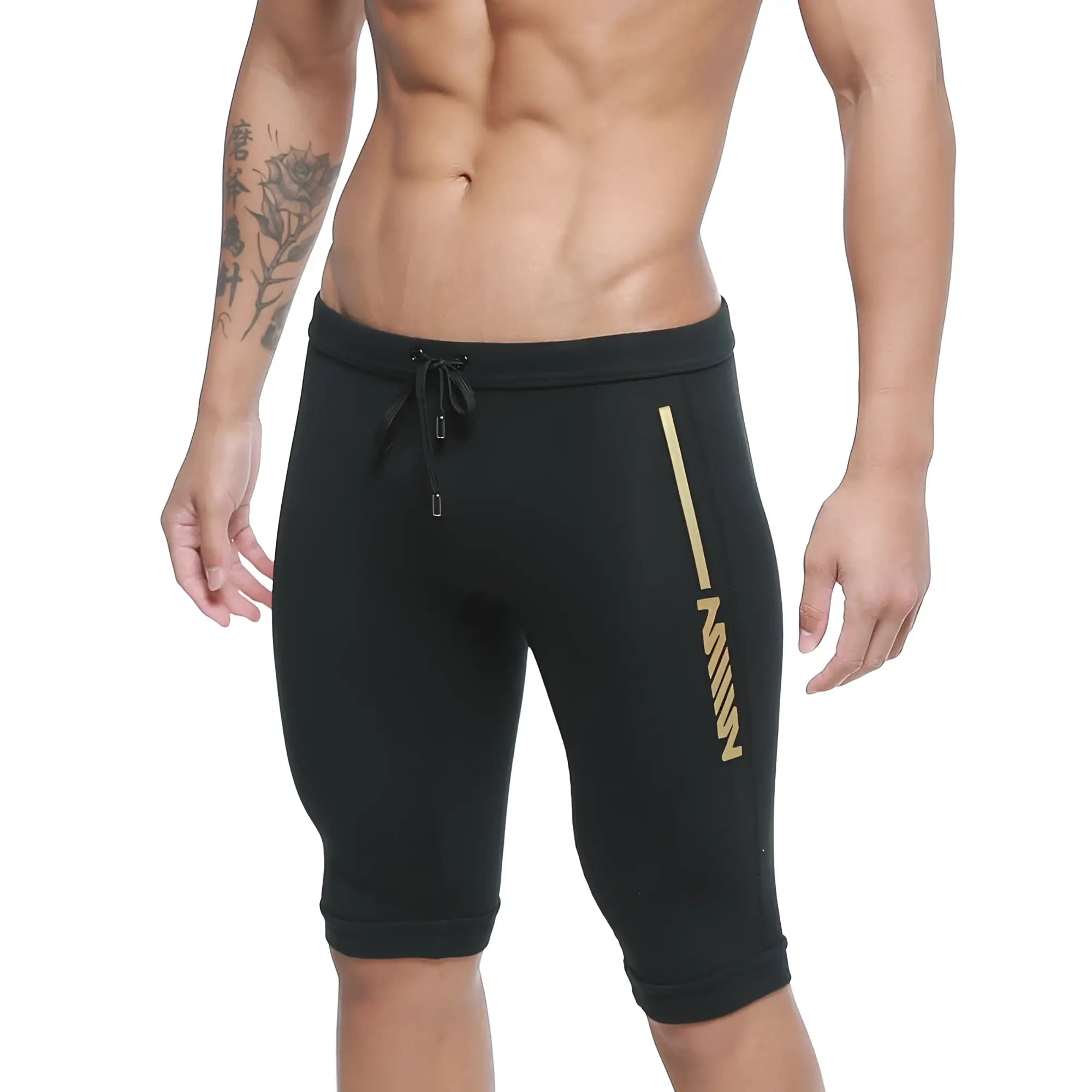 Black athletic shorts metroMalewear mojave biker with gold vertical stripe elastic waistband and drawstring on the side