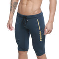 MetroMaleWear Mojave biker dark blue athletic shorts with gold stripe logo elastic waistband and drawstring