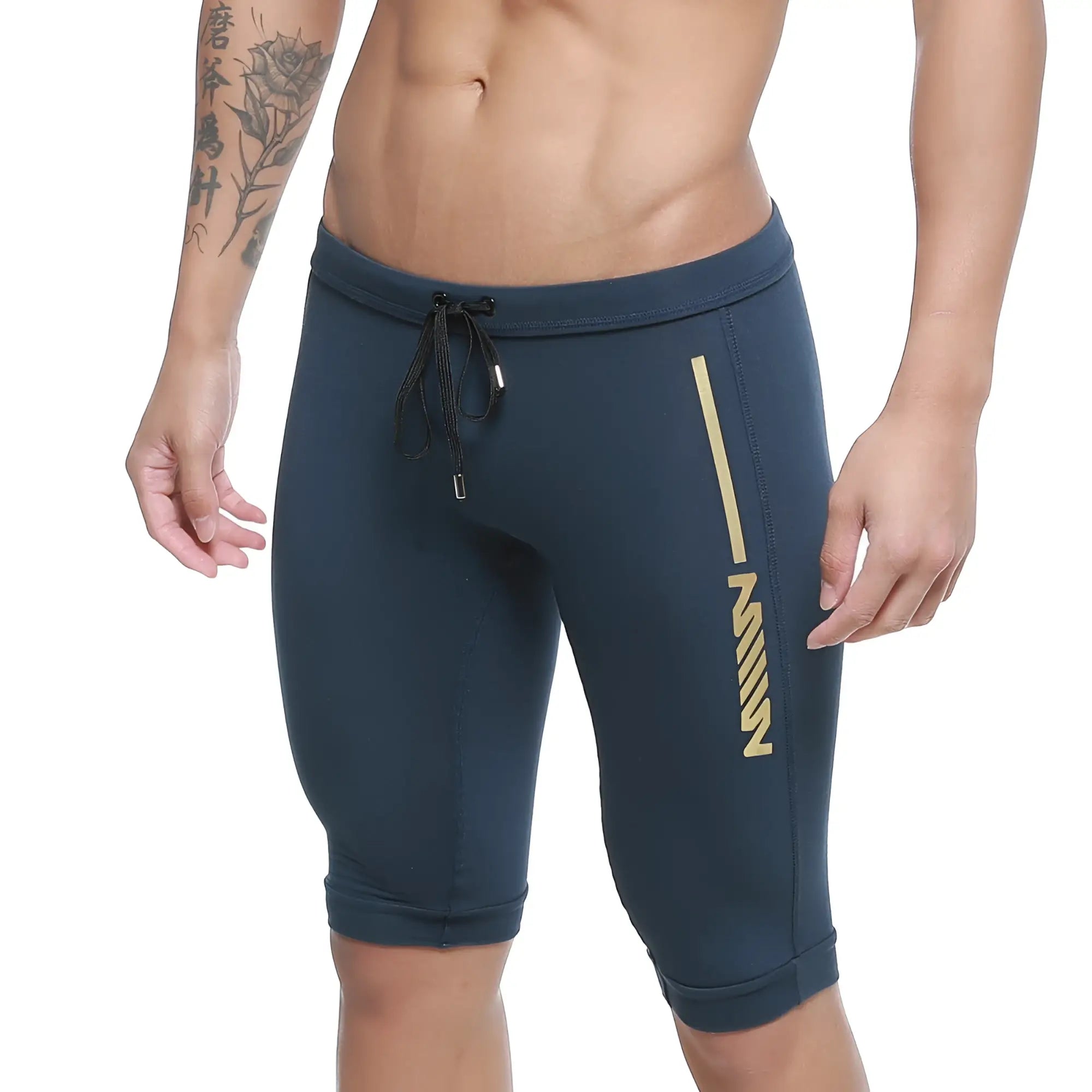 MetroMaleWear Mojave biker dark blue athletic shorts with gold stripe logo elastic waistband and drawstring