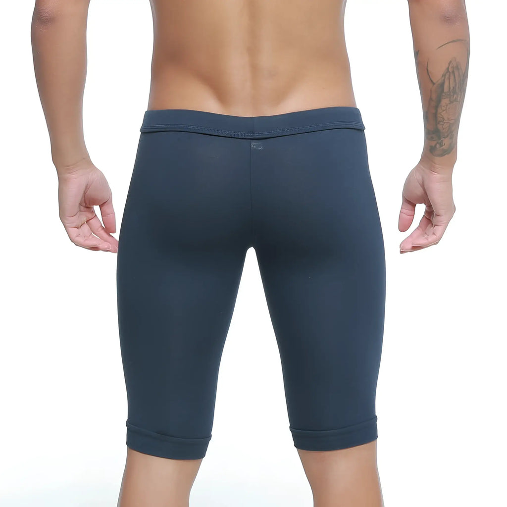 Dark blue form-fitting capri leggings with smooth stretchy fabric and rolled cuffs from MetroMaleWear Mojave Biker 3020-28