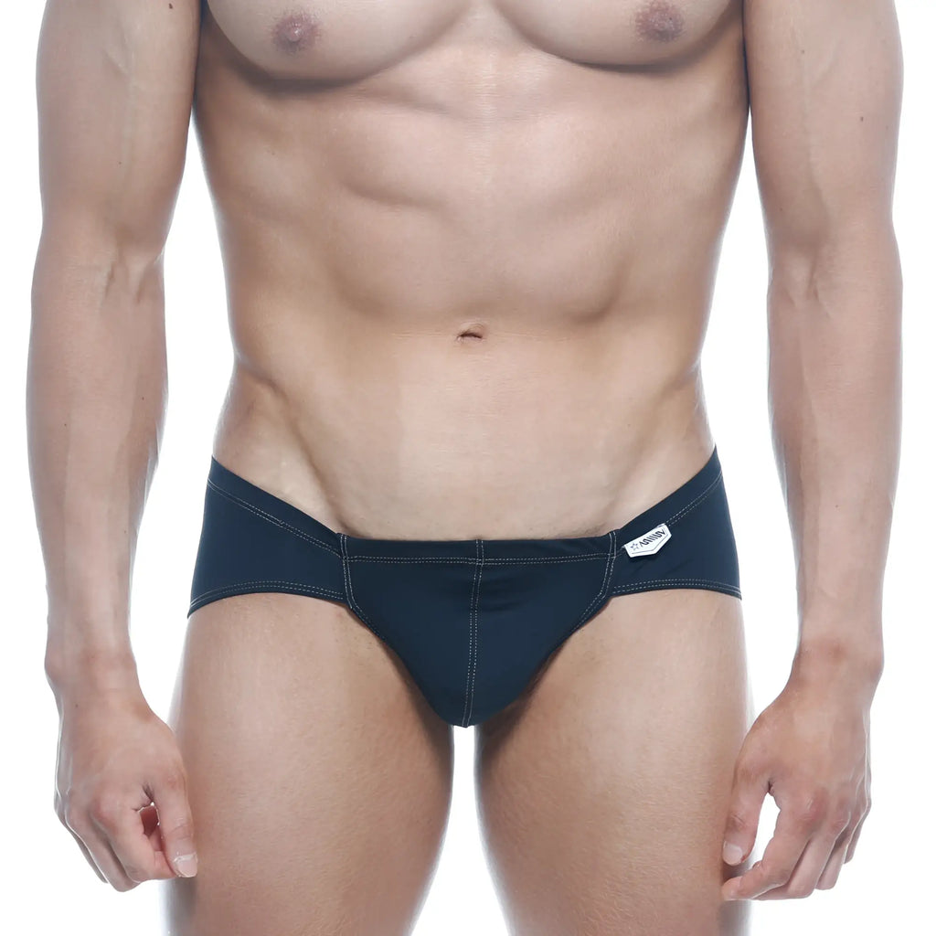 Black swim trunks with white stitching and brand tag on waistband metroMaleWear mojito bikini black 1006-20