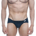 Black swim trunks with white stitching and brand tag on waistband metroMaleWear mojito bikini black 1006-20