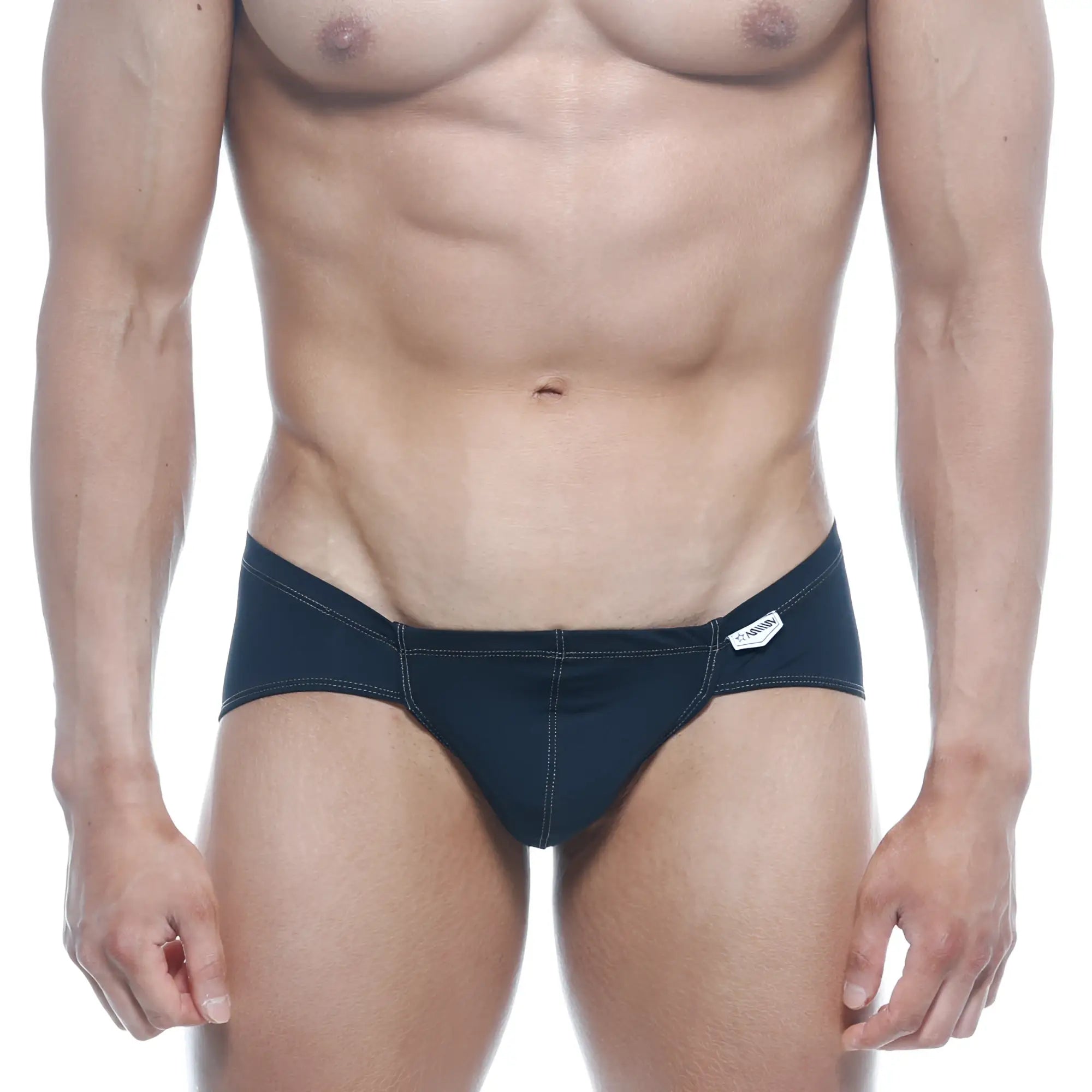 Black swim trunks with white stitching and brand tag on waistband metroMaleWear mojito bikini black 1006-20