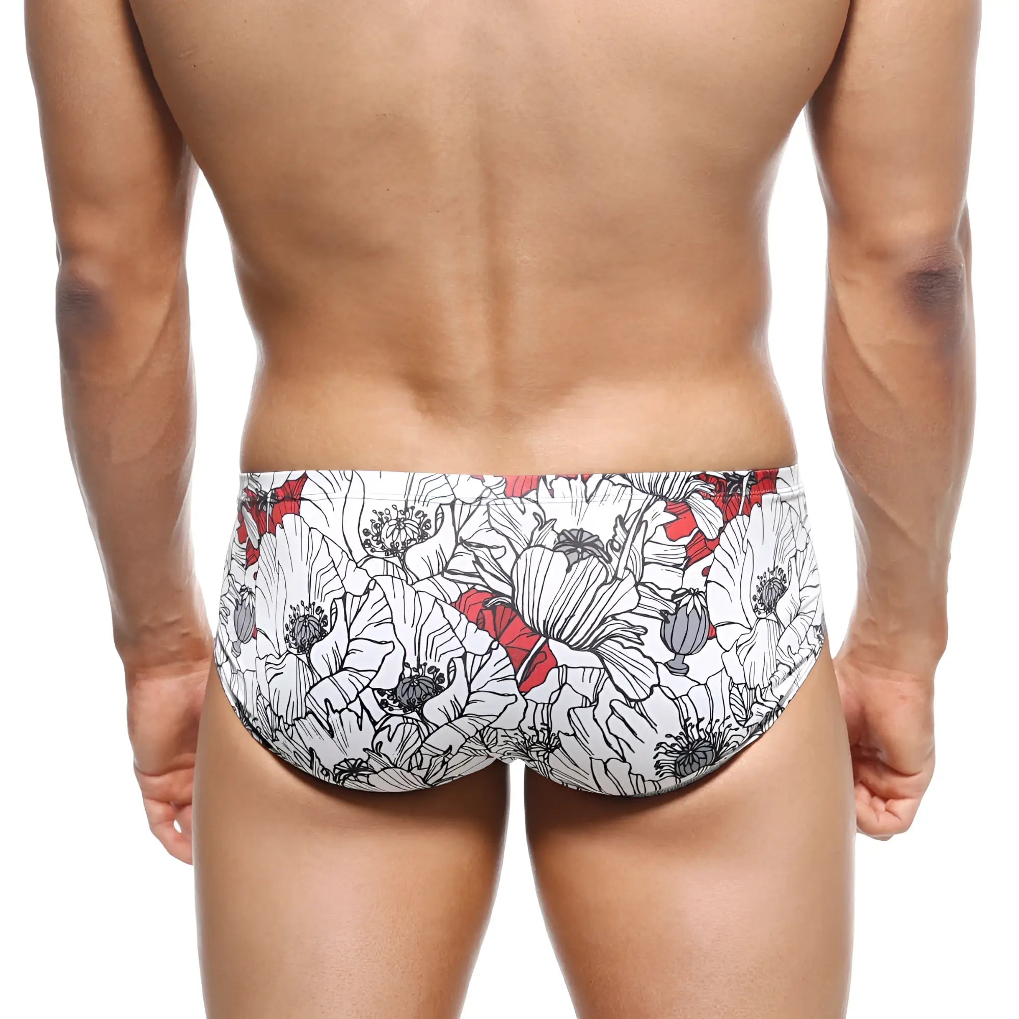 White swim trunks with bold black and red floral poppy pattern from metromalewear mojito bikini escobar 1006-09