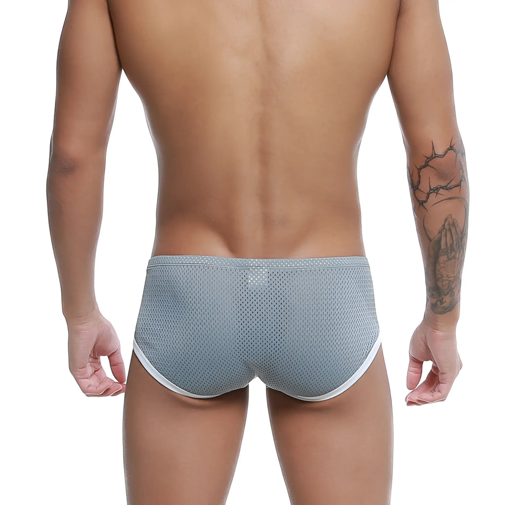Gray mesh briefs with white trim from MetroMaleWear Mojito Bikini gray 1006-10 offering breathable comfort