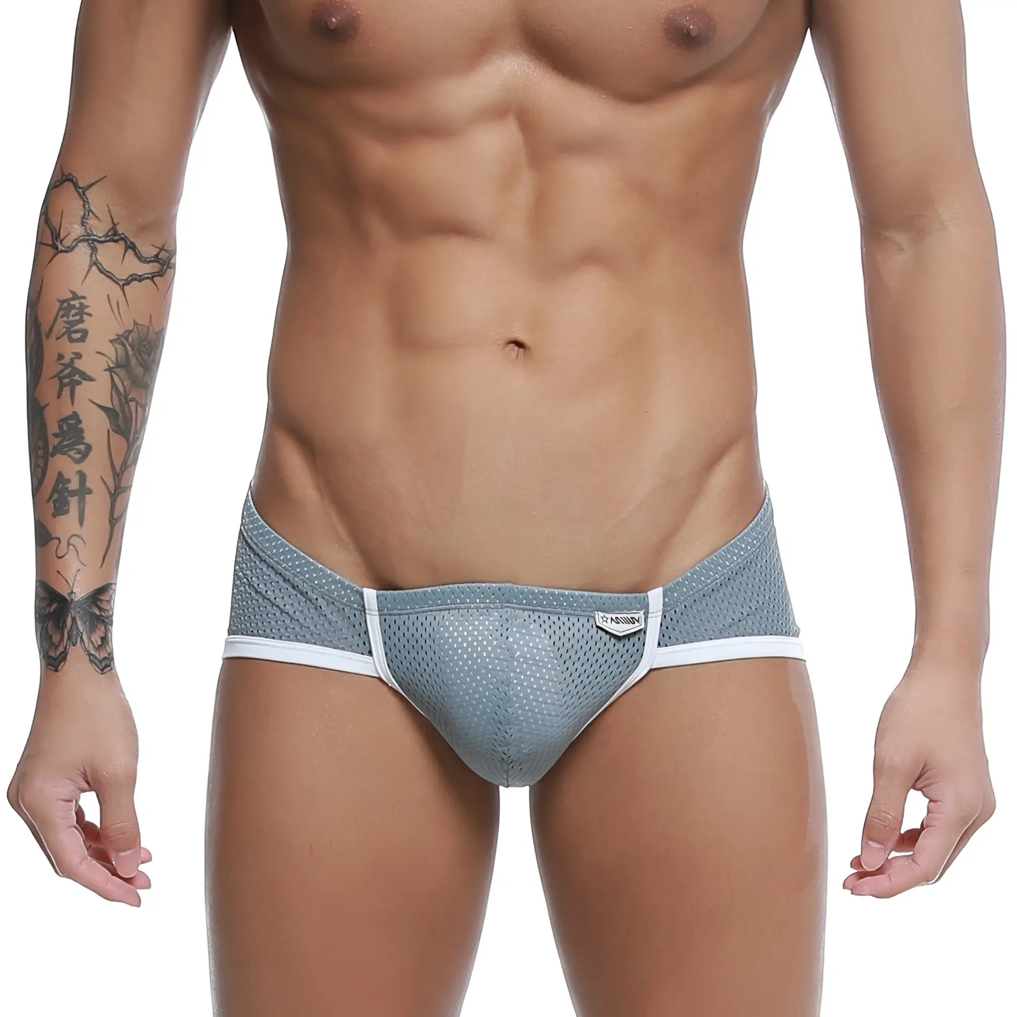 Gray mesh briefs with white trim and a small MetroMaleWear brand tag on the waistband in mojito bikini style