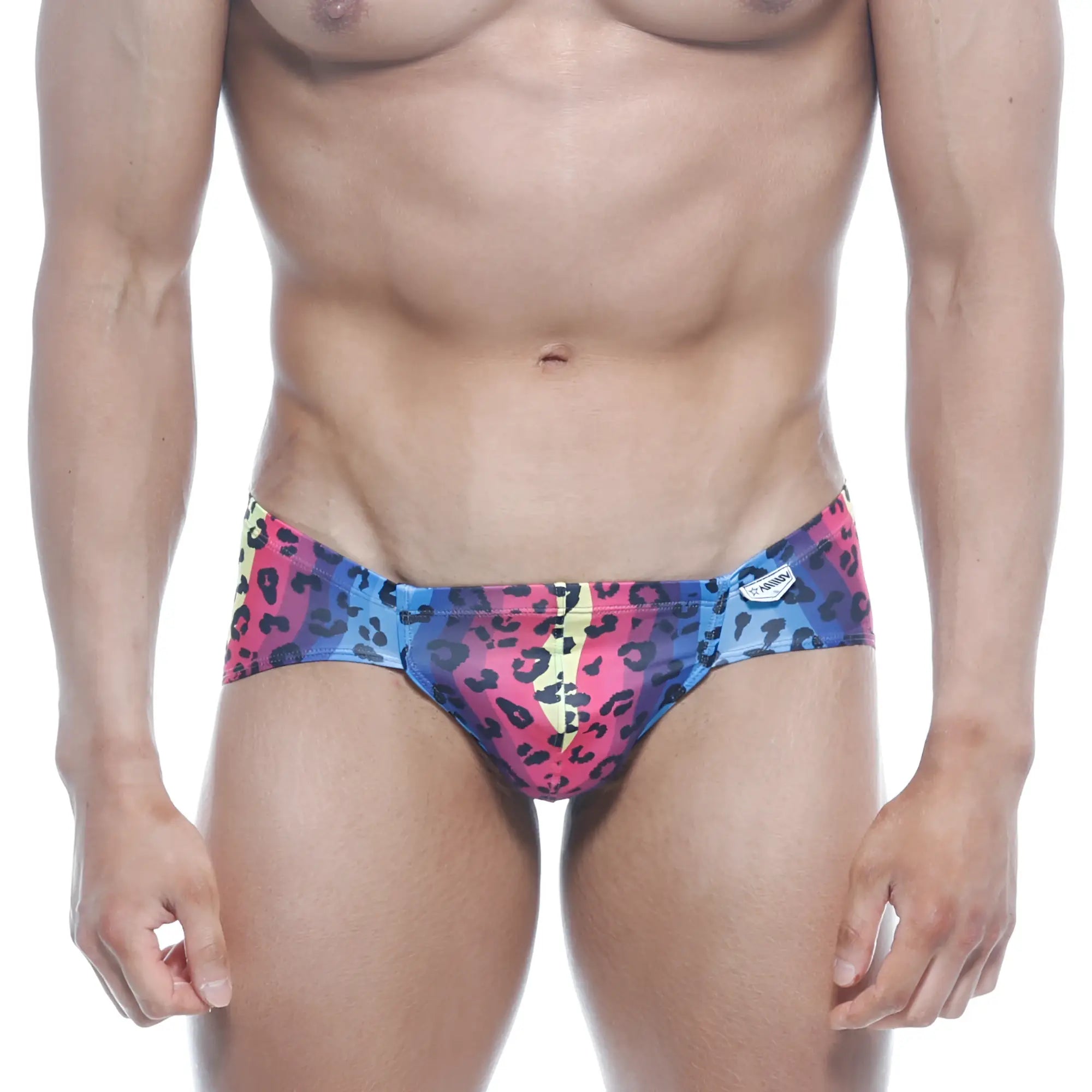 Vibrant multicolored leopard-print swim trunks with bold pink blue and yellow pattern metroMalewear mojito bikini neon 1006-05