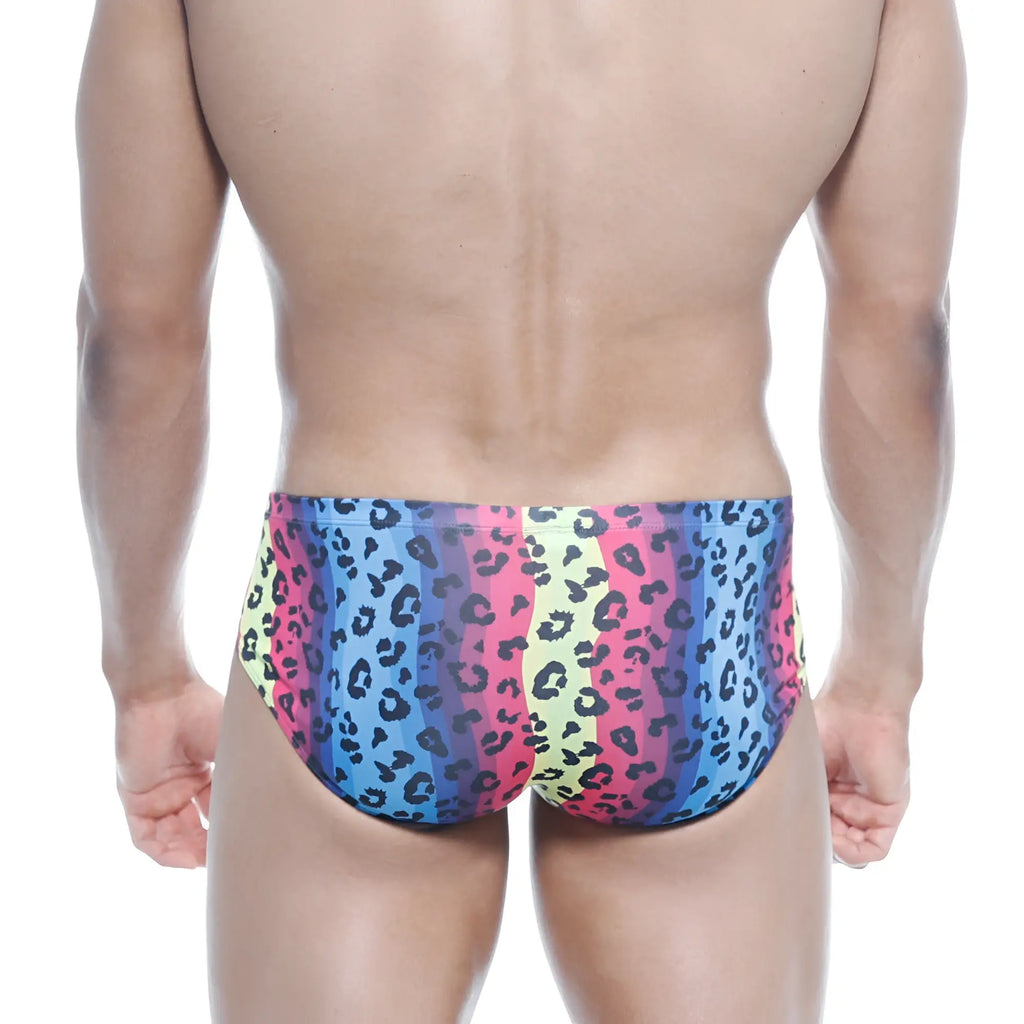 Vibrant metroMalewear mojito bikini neon swim trunks with rainbow stripes and black leopard print on stretchy fabric