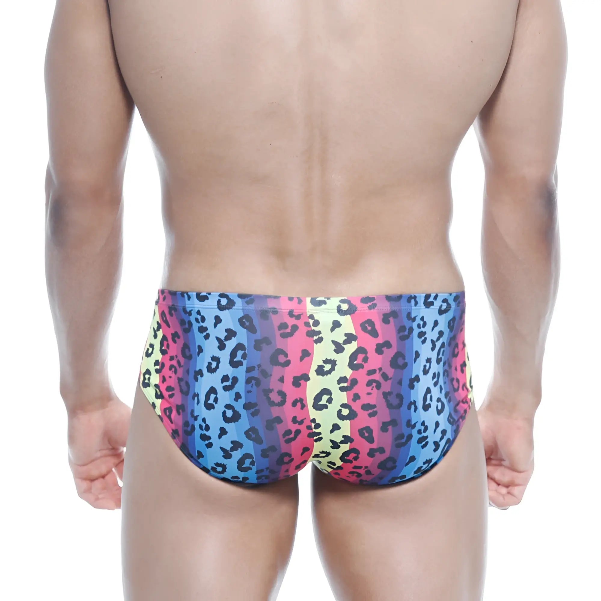 Vibrant metroMalewear mojito bikini neon swim trunks with rainbow stripes and black leopard print on stretchy fabric