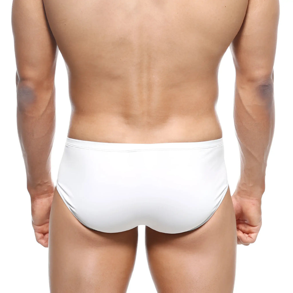 MetroMaleWear Mojito Bikini white swim trunks with sleek form-fitting design and subtle gray waistband trim