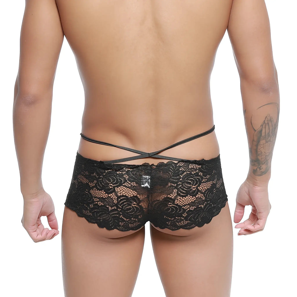 Black lace briefs with crisscross back strap design showing back side in MetroMaleWear Molino Trunk black 1034-20