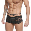 Black lace underwear with crisscross elastic straps metro malewear molino trunk black 1034-20 front view