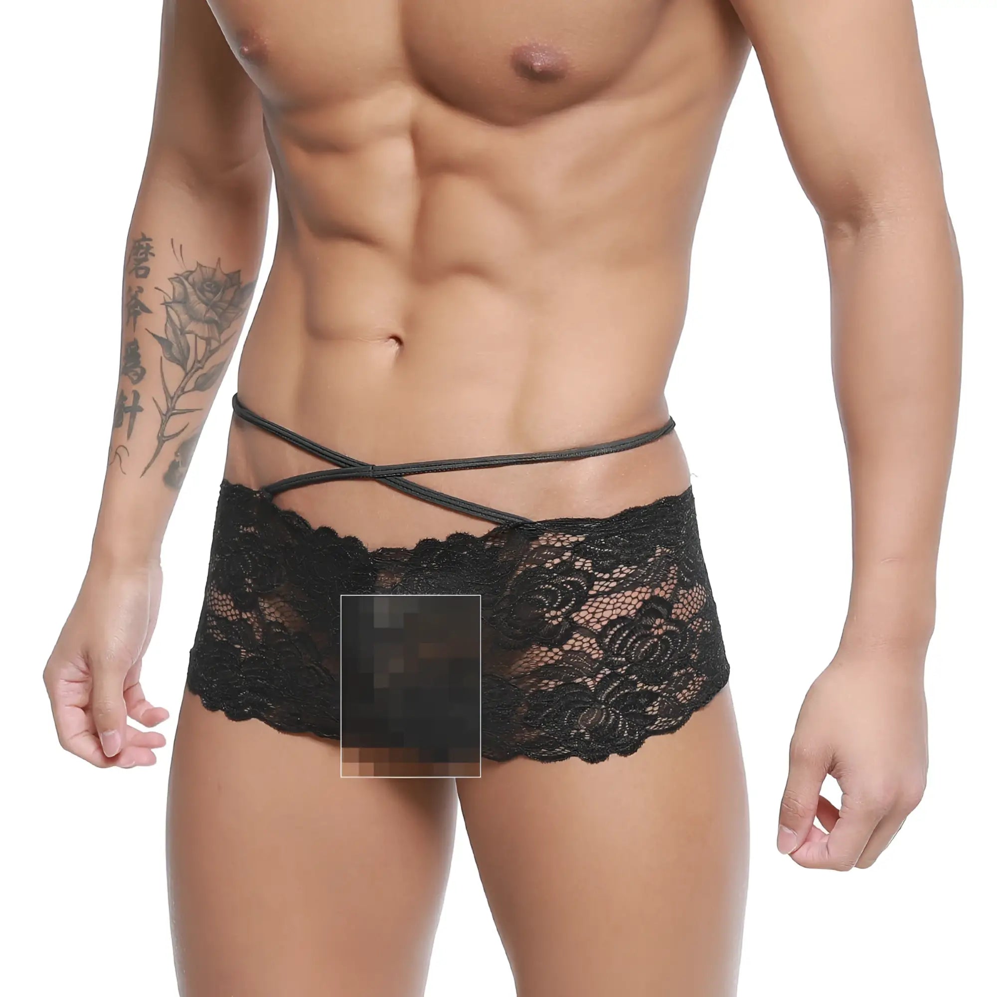Black lace underwear with crisscross elastic straps metro malewear molino trunk black 1034-20 front view