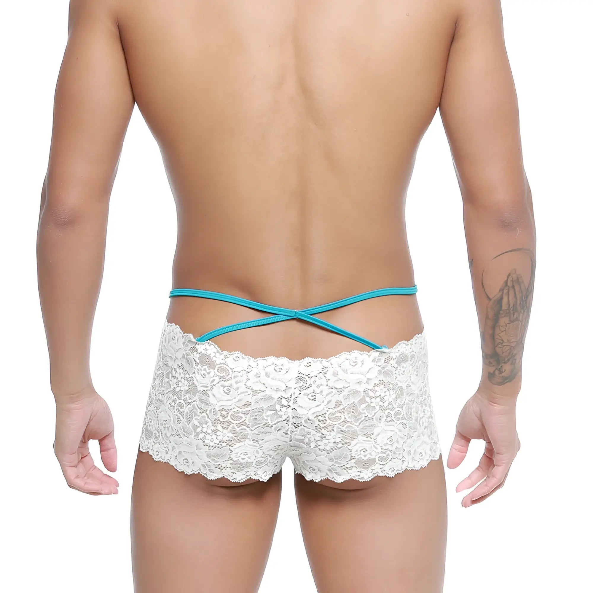 White lace men’s briefs with turquoise cross-back straps shown from the back in metro male wear molino trunk white 1034-00