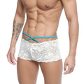 White lace men’s underwear with turquoise elastic straps metro male wear molino trunk white 1034-00 front view