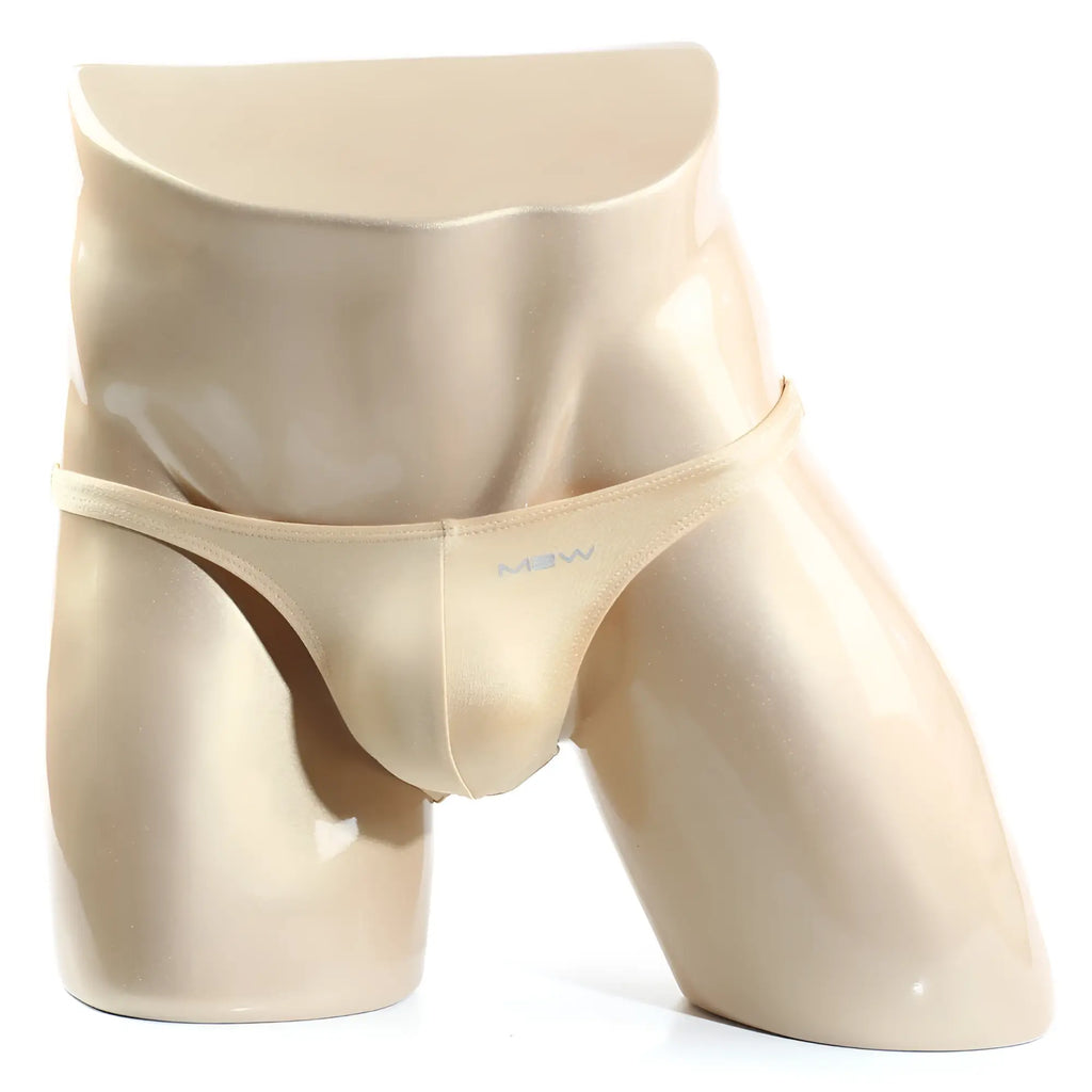Beige satin briefs with subtle mew logo front in MetroMaleWear Monaco Bikini Gold 6010-21 style