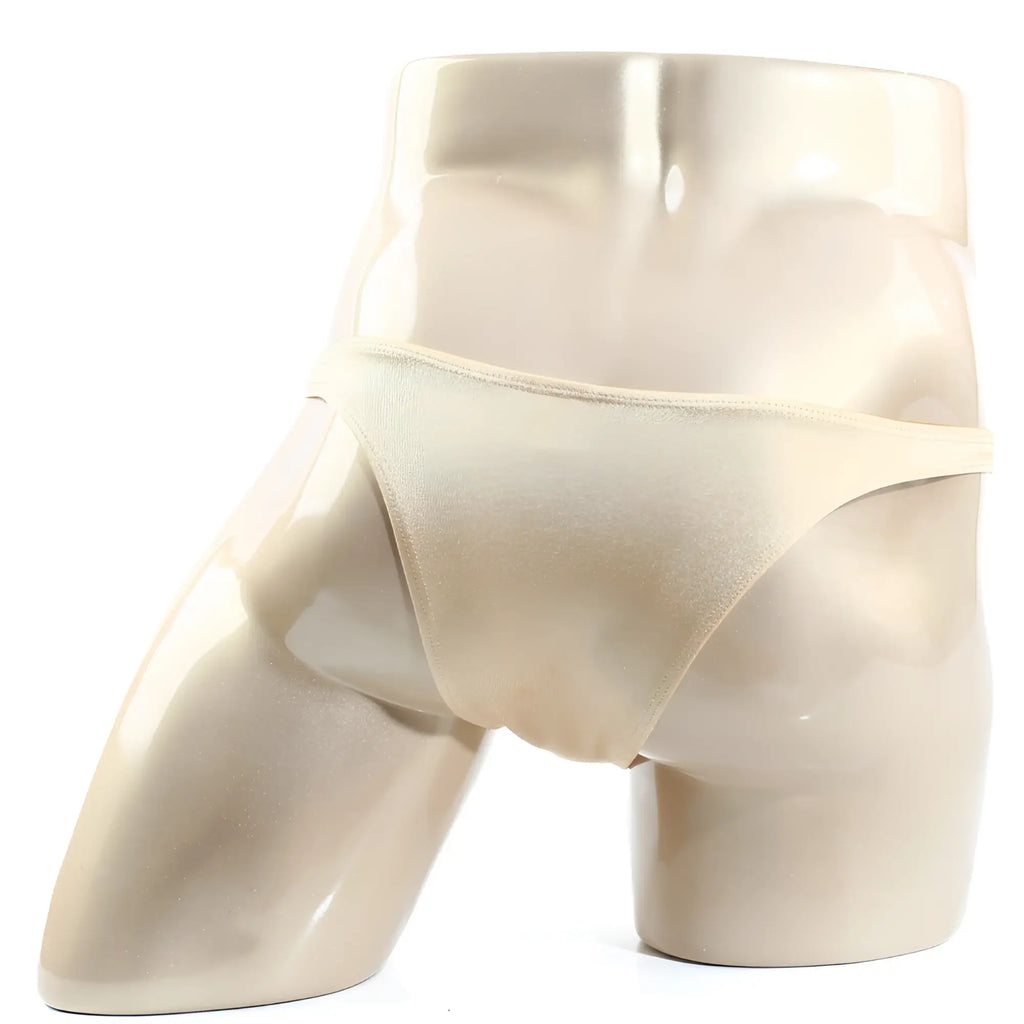 Beige satin thong bikini by metromalewear monaco in gold displayed on a mannequin