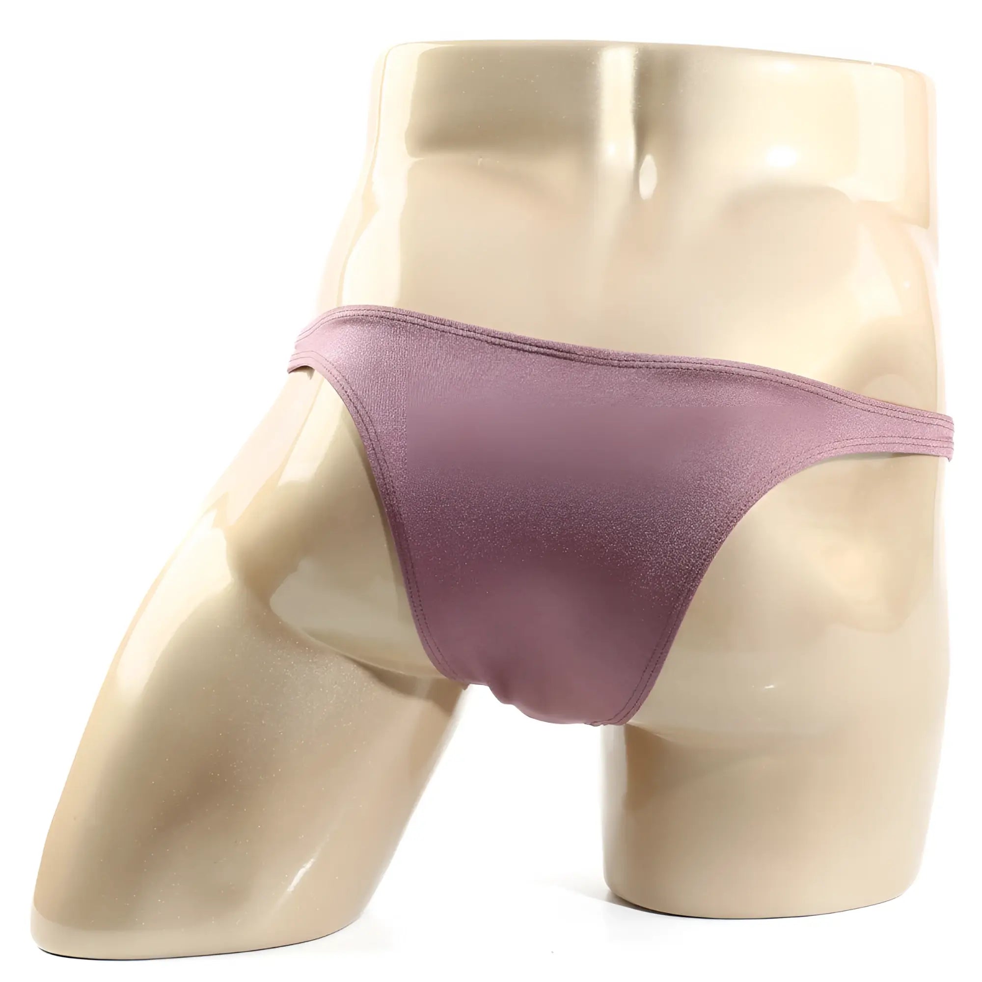 A shimmering mauve satin thong displayed on a mannequin from MetroMaleWear Monaco Bikini lilac 6010-03 collection