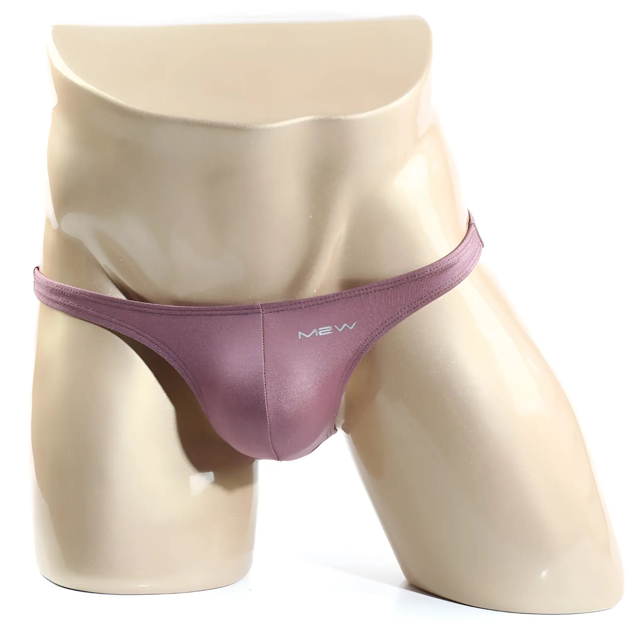 Purple satin-like metroMalewear monaco bikini thong with subtle mew logo on front in lilac color