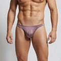 MetroMalewear monaco bikini lilac 6010-03 sleek satin-finish mauve thong with subtle mew logo embroidered on front