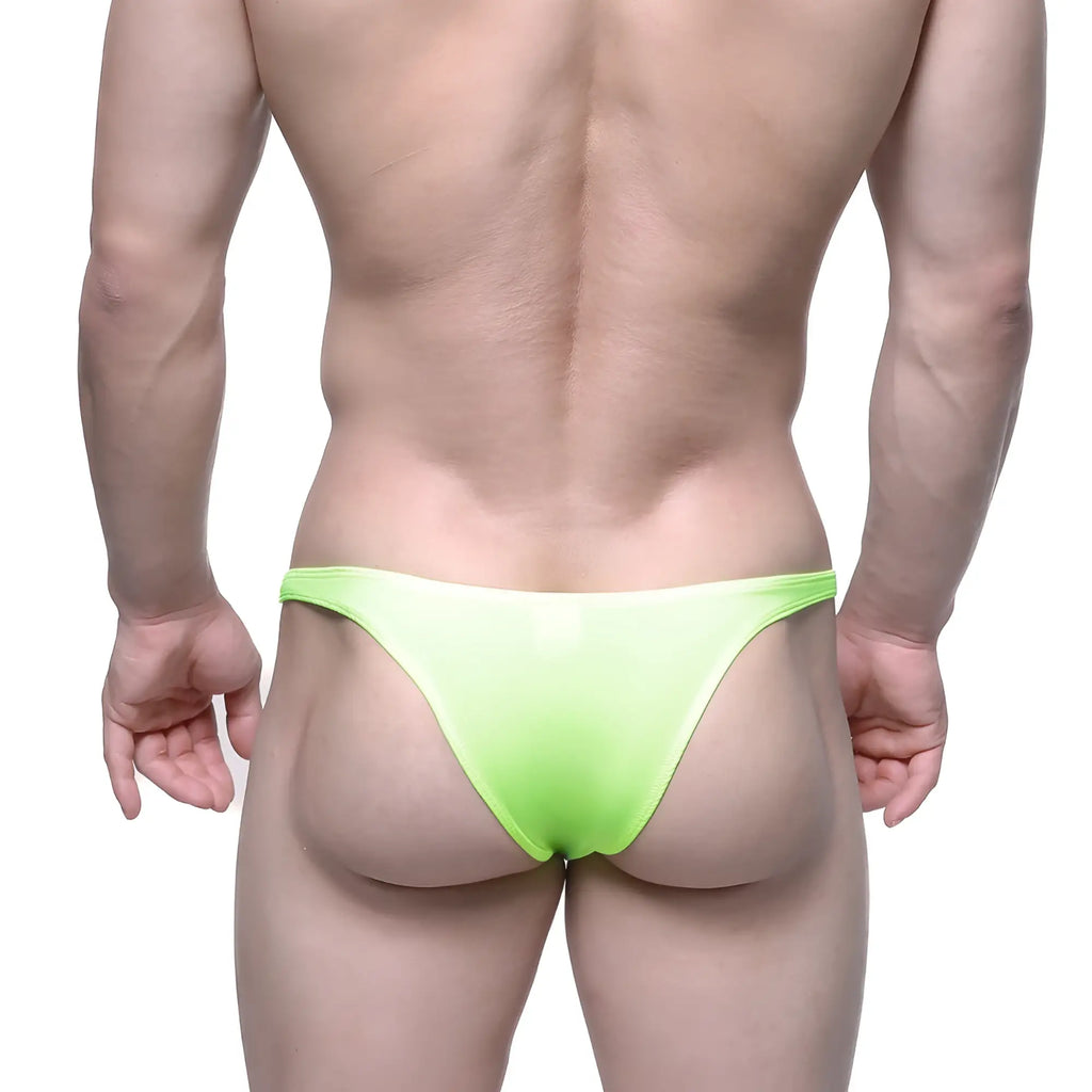 Bright neon green metroMalewear monaco bikini thong made of smooth shiny material shown from the back side