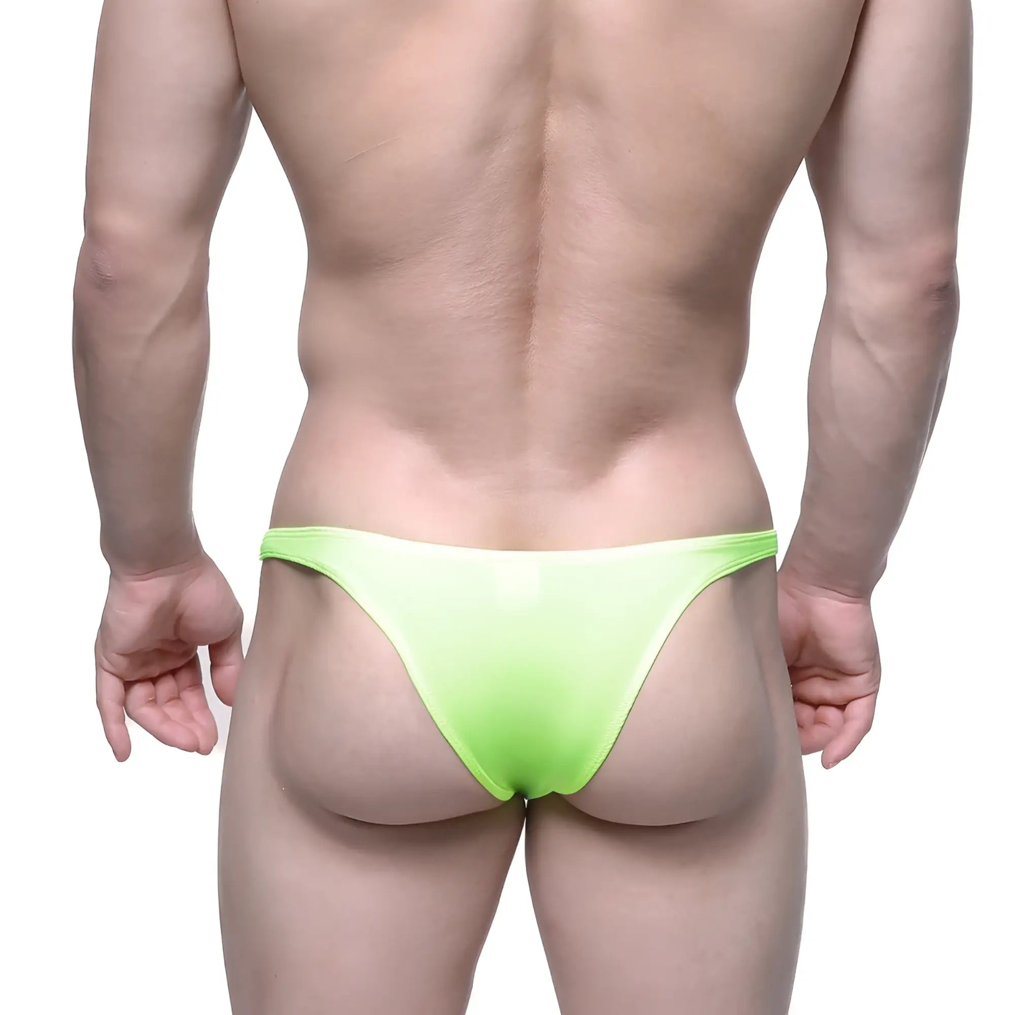 Bright neon green metroMalewear monaco bikini thong made of smooth shiny material shown from the back side