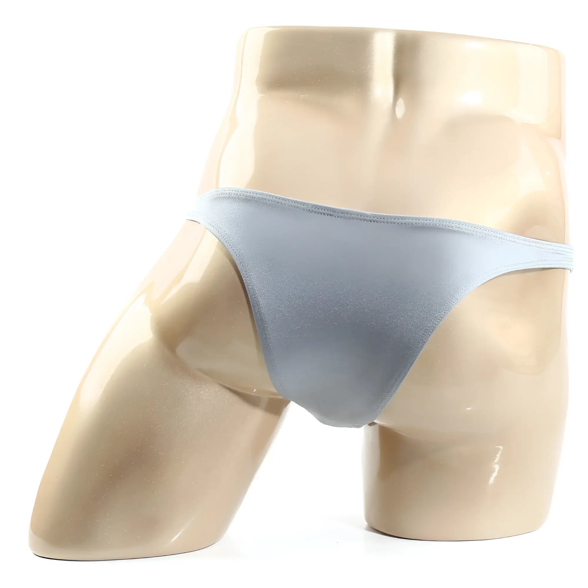 Light blue satin thong from MetroMaleWear Monaco bikini silver 6010-10 displayed on a mannequin