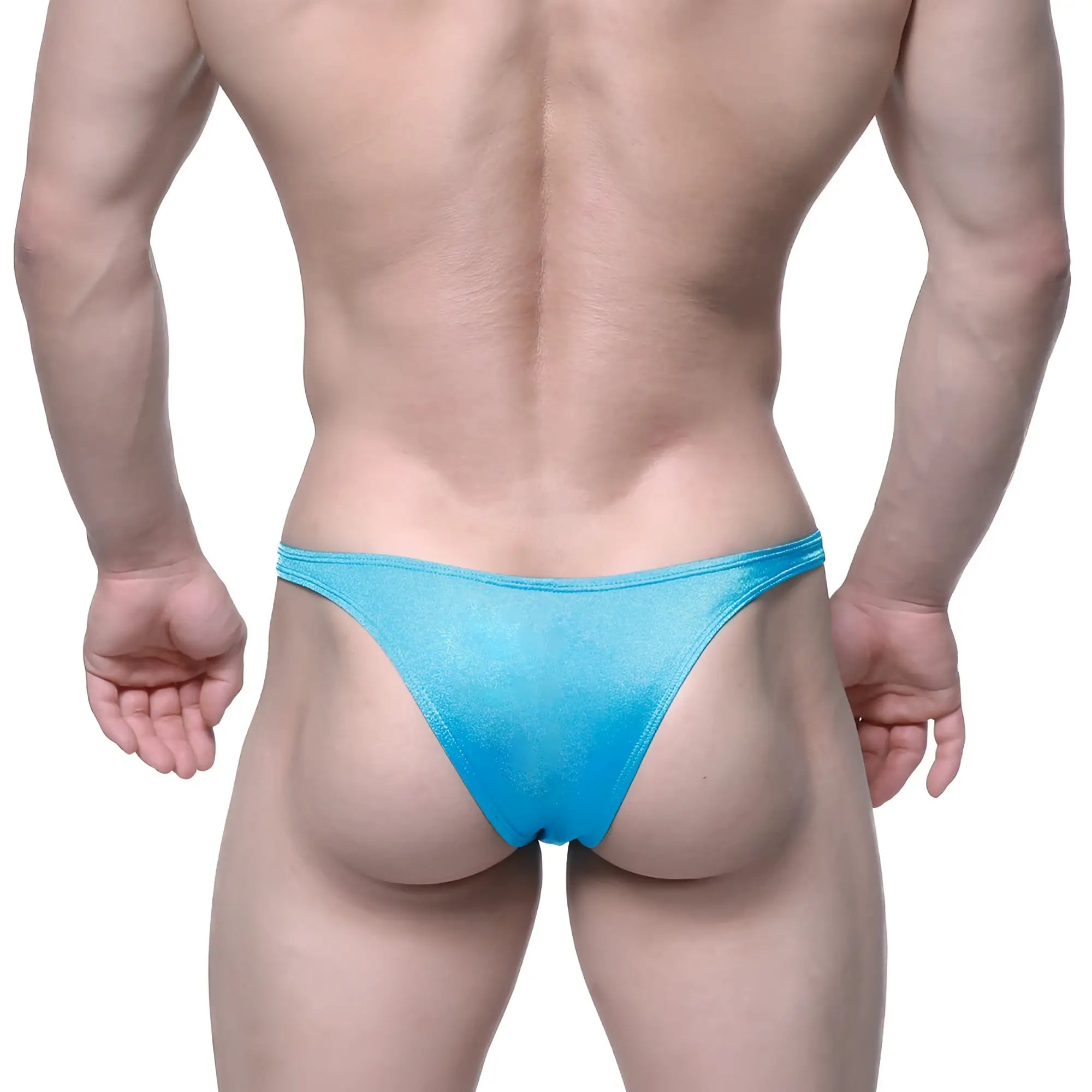 A vibrant blue shimmering fabric thong with smooth slightly translucent texture metro malewear monaco bikini turquoise