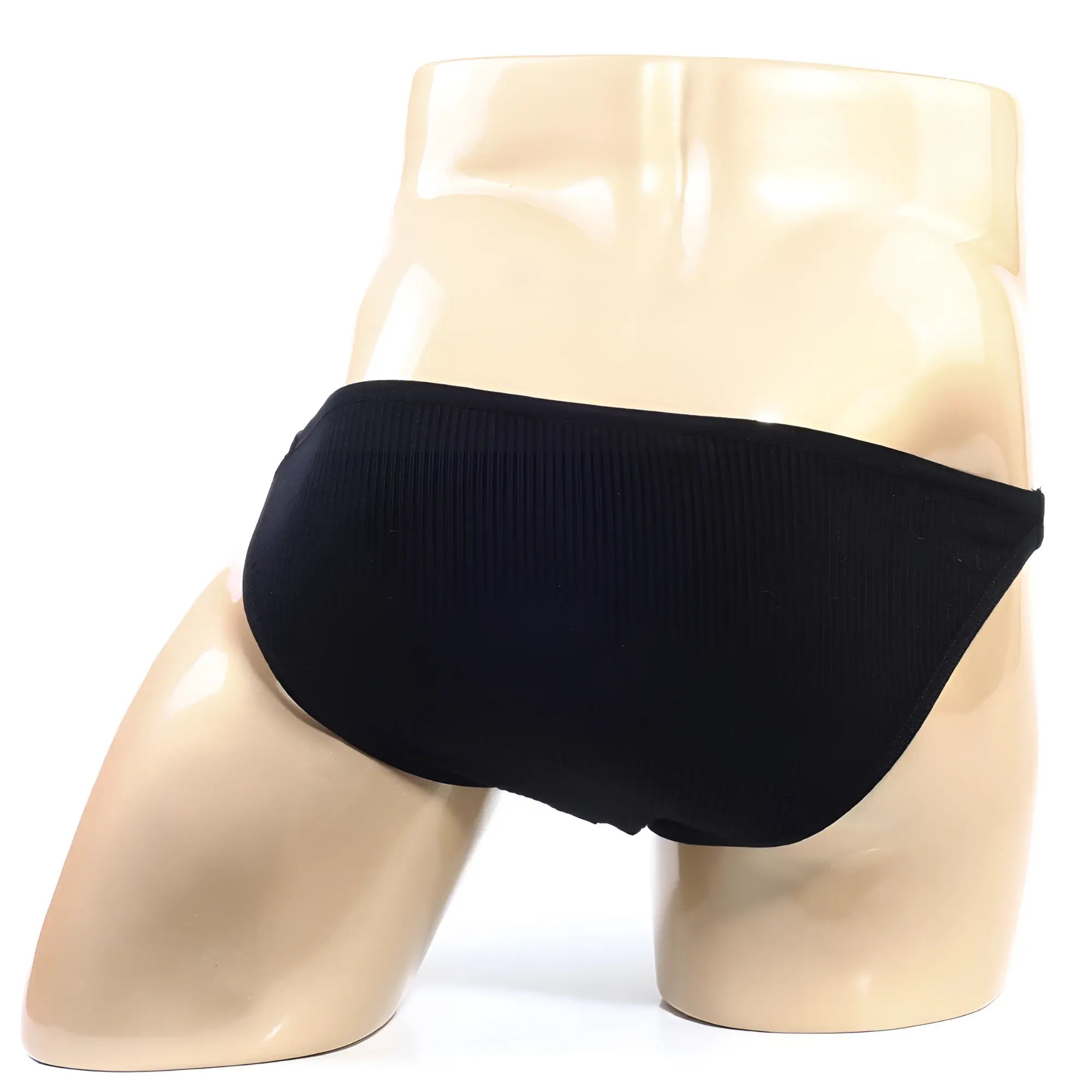 MetroMaleWear Moreno bikini black ribbed briefs displayed on a mannequin showcasing the front view