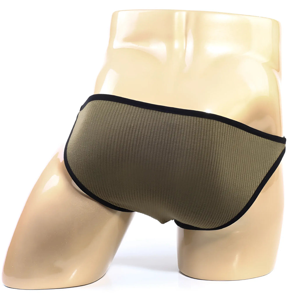 MetroMaleWear Moreno bikini briefs in olive green ribbed fabric with black trim for comfortable daily wear