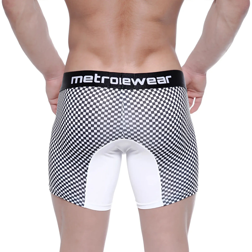 Back side of metro male wear mosaic mid boxer 10 black and white checkered briefs with white panel and black metroiewear waistband