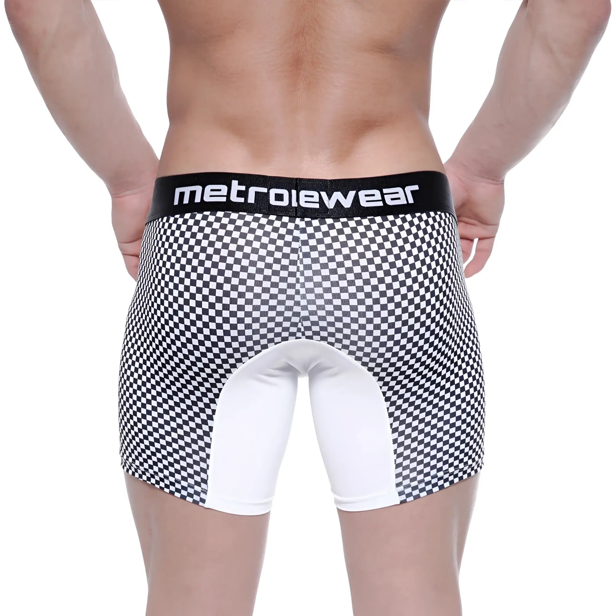 Back side of metro male wear mosaic mid boxer 10 black and white checkered briefs with white panel and black metroiewear waistband