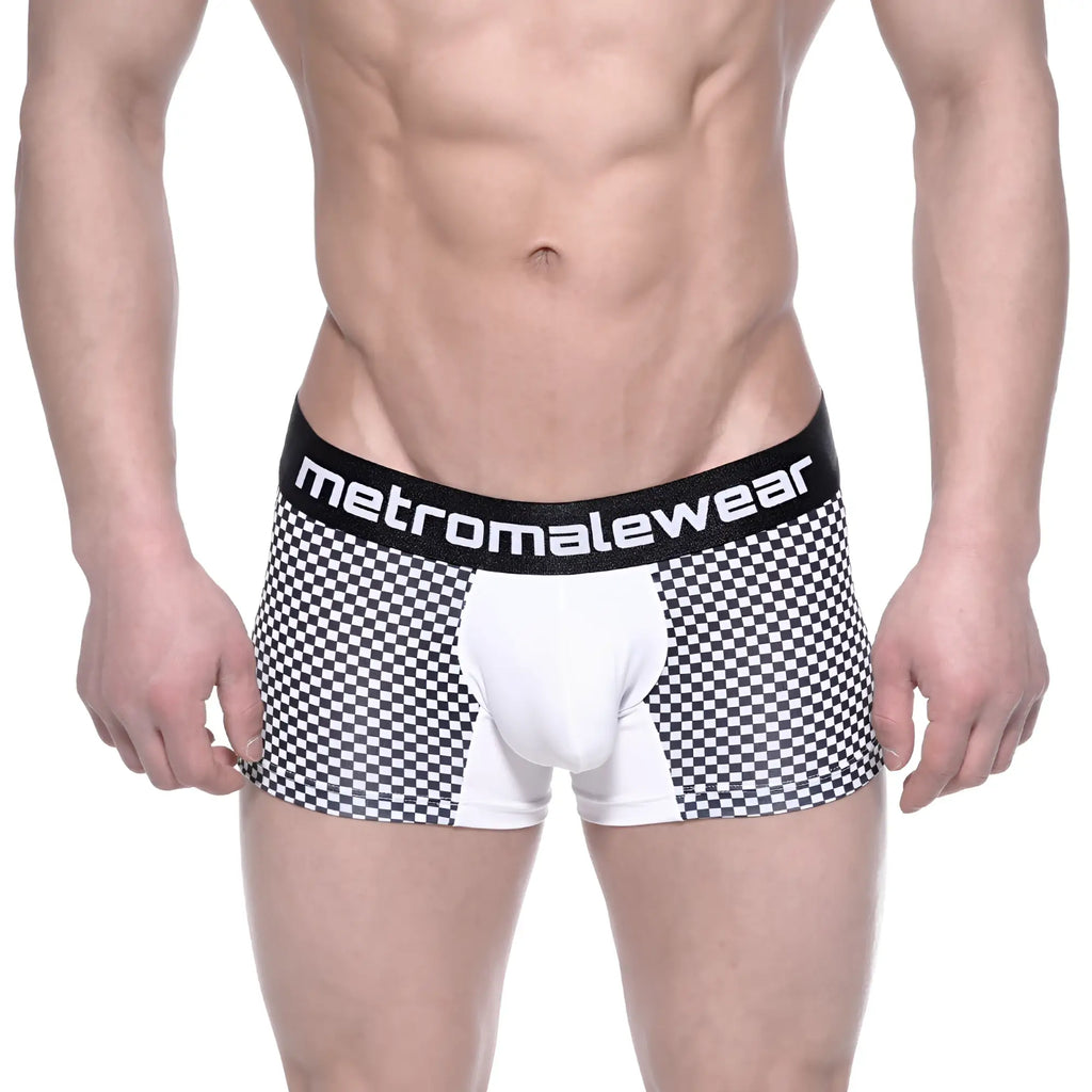 MetroMaleWear mosaic short boxer 7 inch black and white checkered men’s boxer briefs with white central panel and branded waistband
