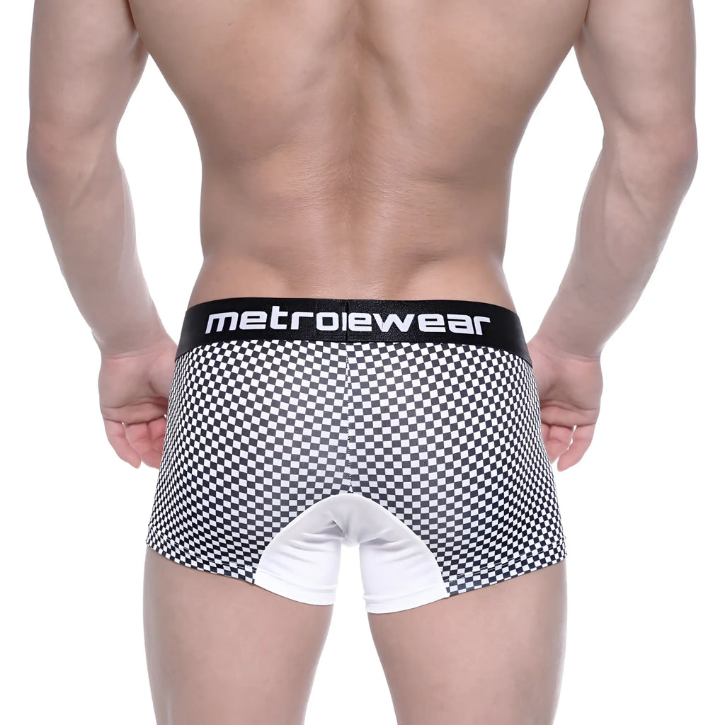 Black and white checkered metro malewear mosaic short boxer 7 inch with white crotch panel and black waistband