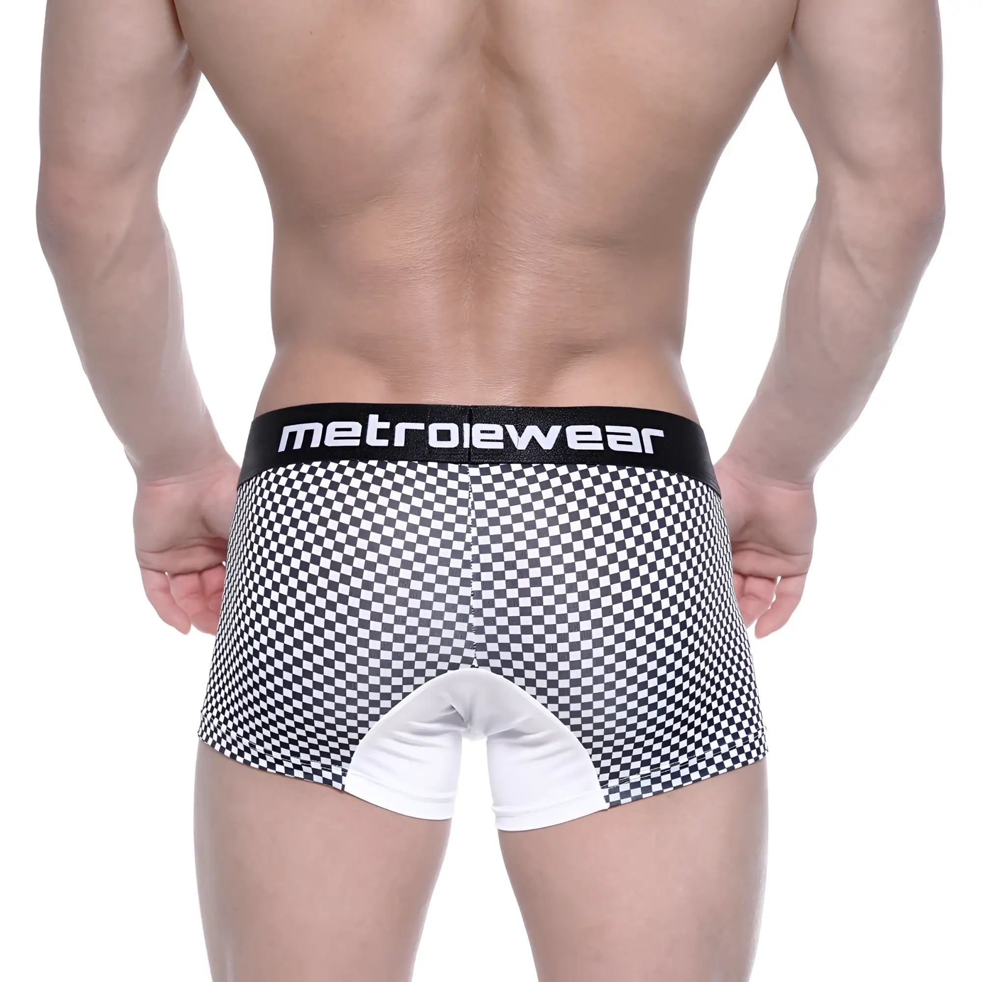 Black and white checkered metro malewear mosaic short boxer 7 inch with white crotch panel and black waistband