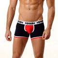 Navy blue and red metro malewear short boxer briefs with white trim and bold M logo on waistband