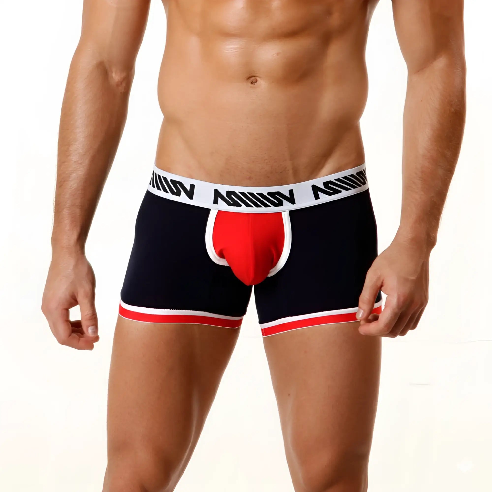 Navy blue and red metro malewear short boxer briefs with white trim and bold M logo on waistband
