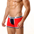 Red and navy blue MetroMaleWear short boxer briefs with white waistband featuring anv logo in black
