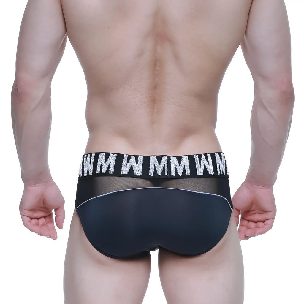 Black mesh briefs with bold white wmm logo waistband from MetroMaleWear model MW Brief Black 5403-20