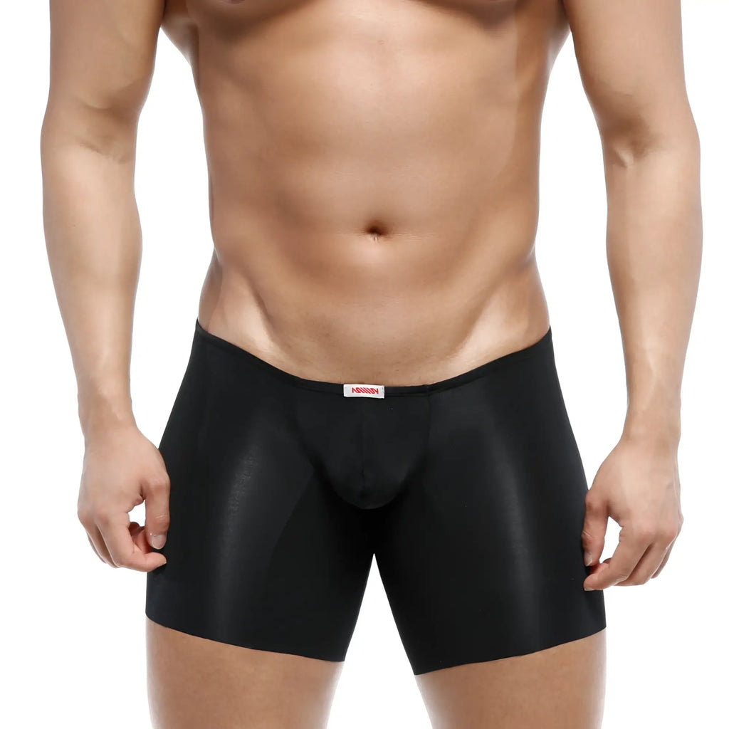 Black sleek form-fitting men’s boxer briefs with satin-like finish and red brand tag metroMalewear naked mid boxer black 2034-30