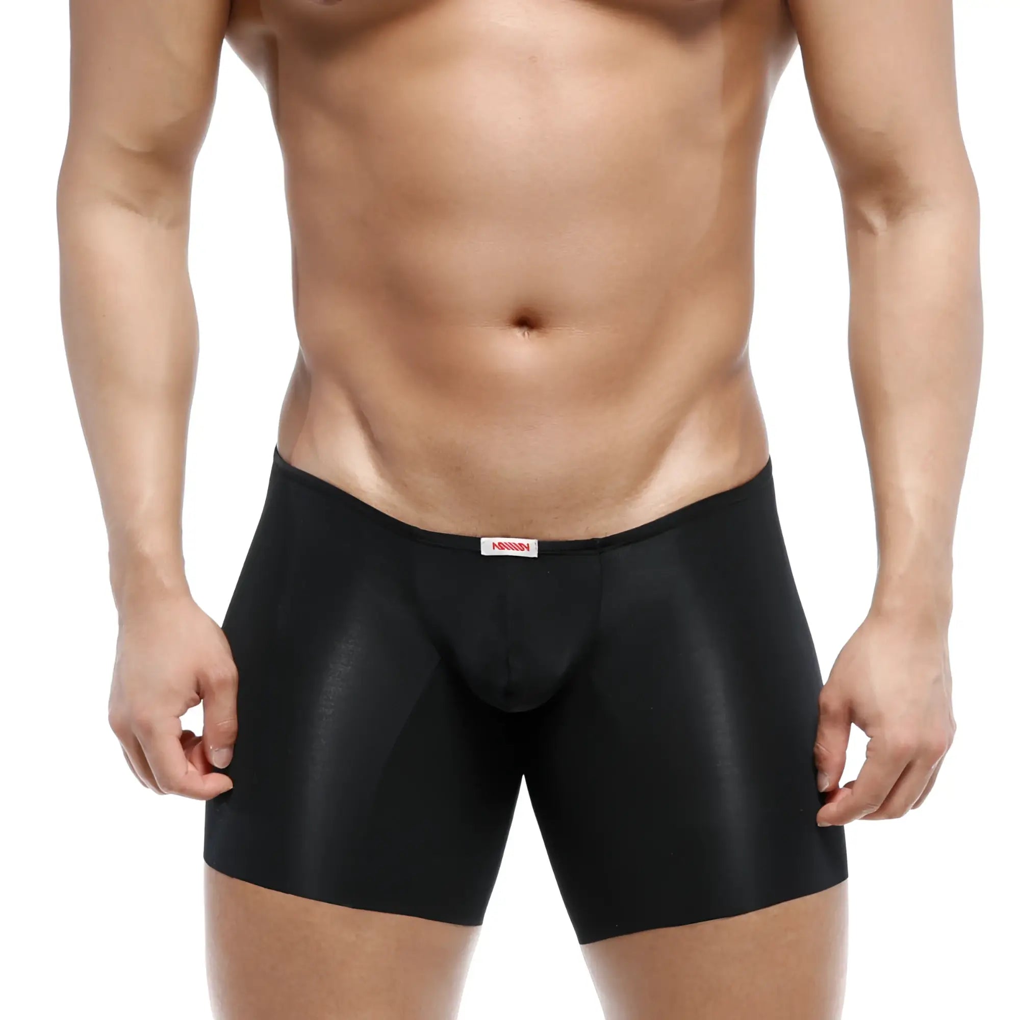 Black sleek form-fitting men’s boxer briefs with satin-like finish and red brand tag metroMalewear naked mid boxer black 2034-30