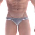 Gray and white patterned mens briefs with a honeycomb mesh design from metromalewear nano cheek trunk collection
