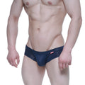 Navy blue metro male wear nano short boxer briefs with subtle texture and small red brand tag on waistband
