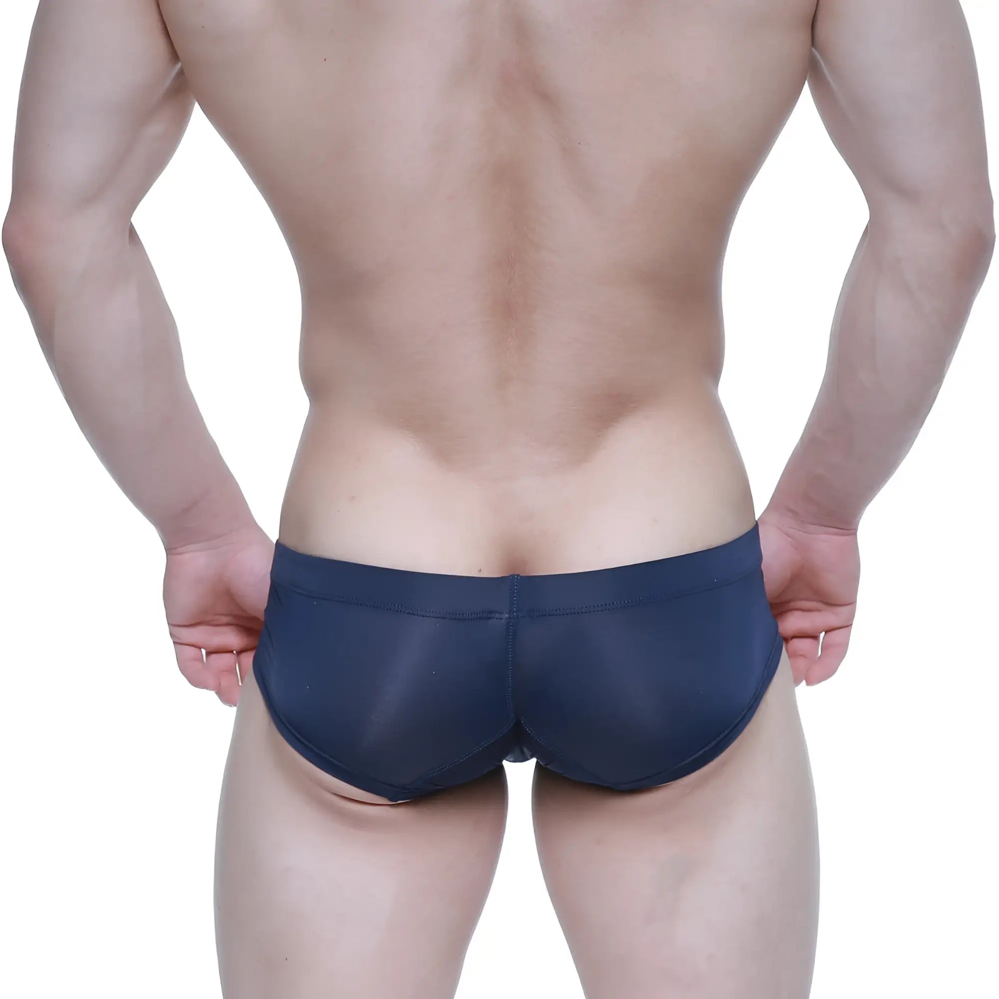 Dark blue sheer mesh MetroMaleWear Nano Short Boxer swim trunks with smooth elastic waistband