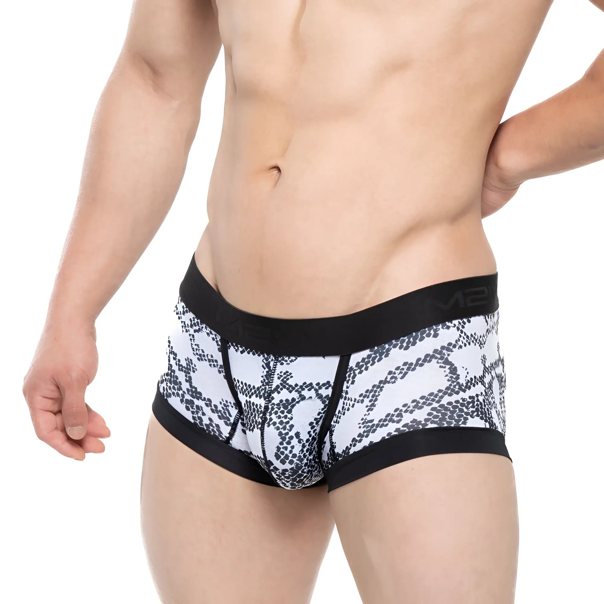 Black and white patterned mens briefs with snake scale design and black elastic waistband metroMalewear nano trunk cobra 7016-62