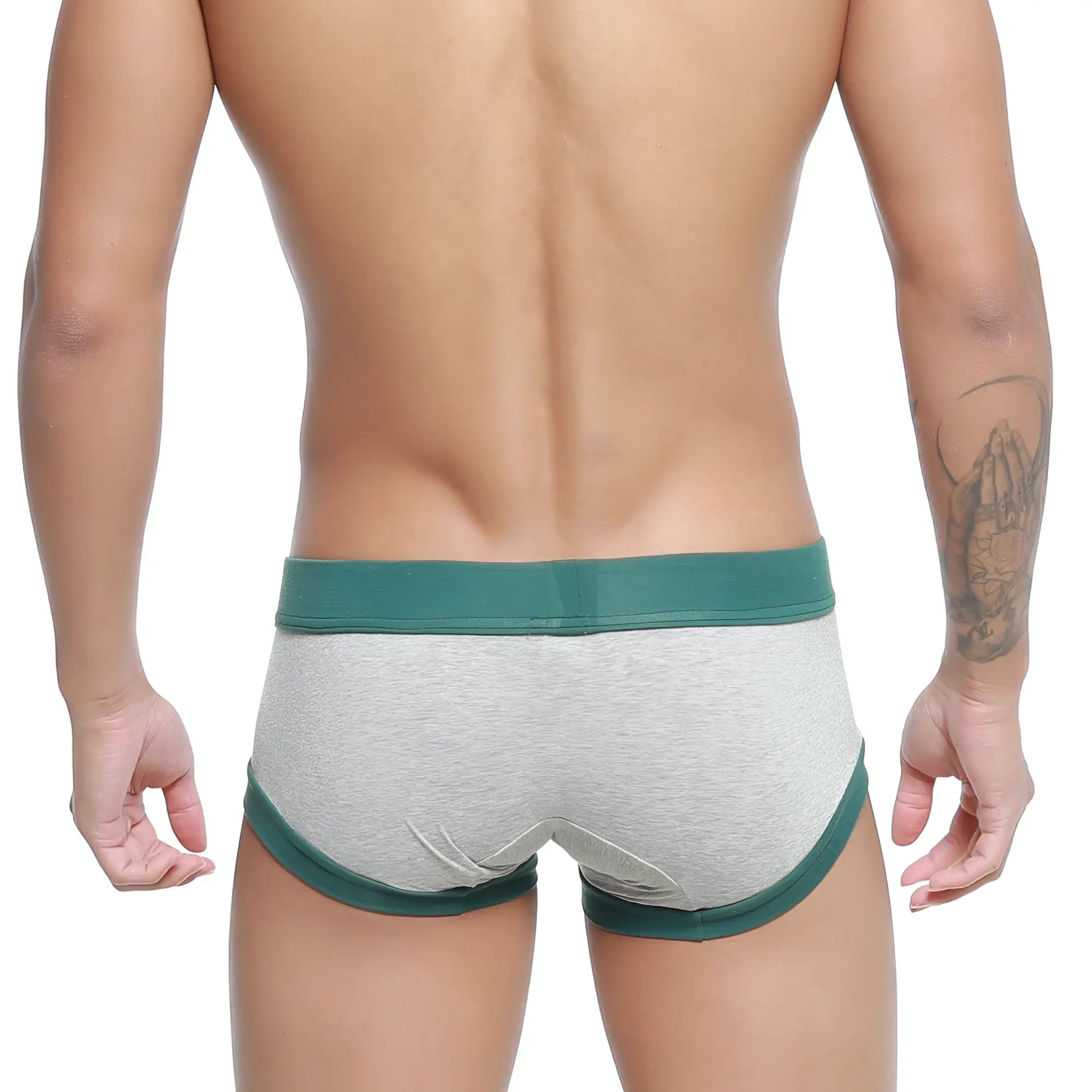 Gray heathered briefs metro male wear nano trunk with dark green elastic waistband and leg openings in front view