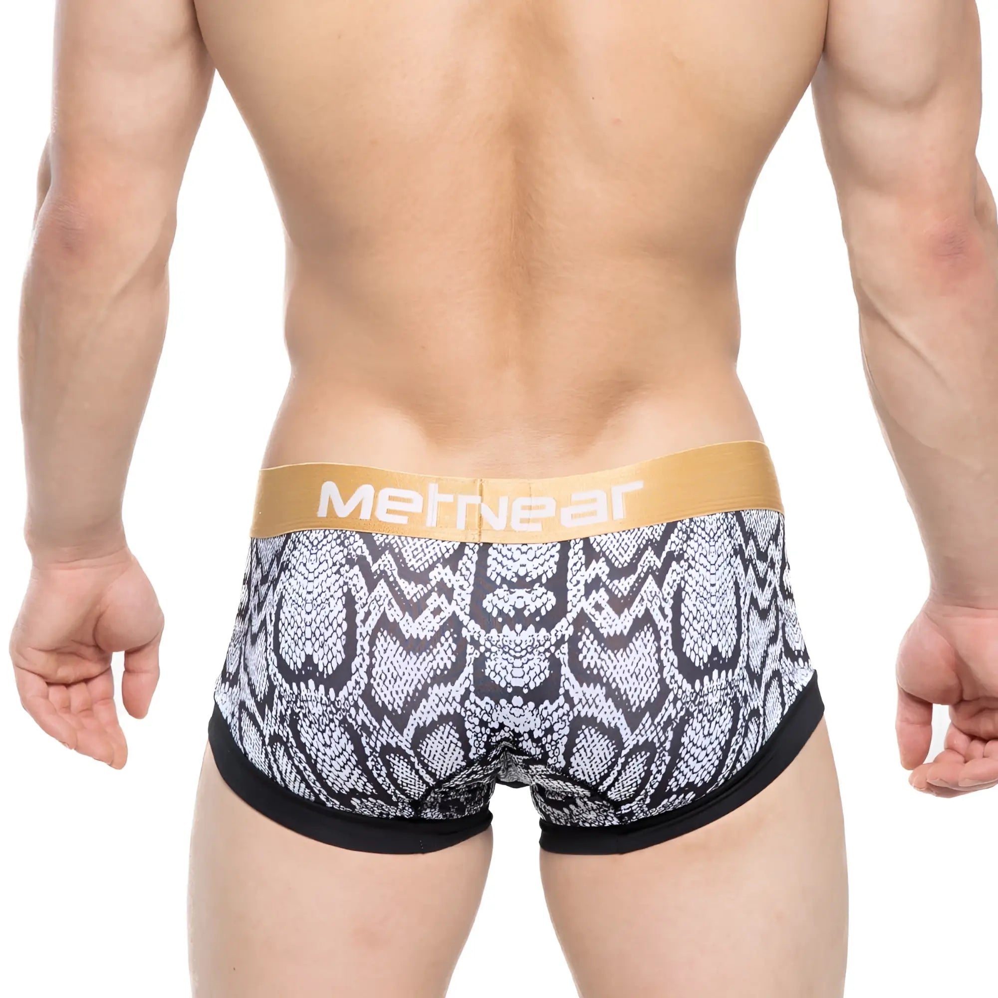 Men’s MetroMaleWear Nano trunk briefs with black and white snake-scale pattern and gold waistband front view
