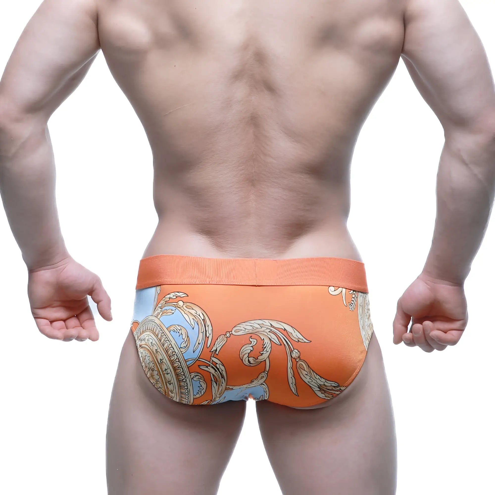 Orange MetroMaleWear Narangja brief 5203-24 with blue and gold ornate pattern men’s underwear front view